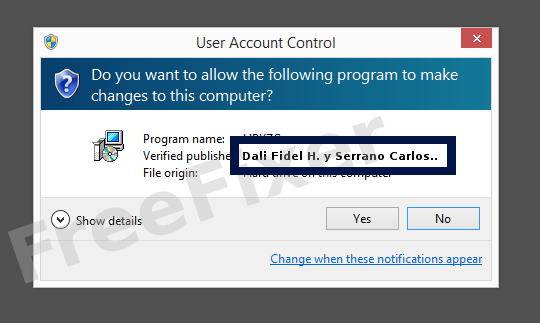 Screenshot where Dali Fidel H. y Serrano Carlos M. SH appears as the verified publisher in the UAC dialog